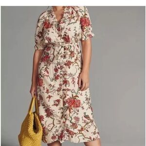 Pilcro Cream Midi Dress with Red Floral Print